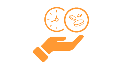 Oranges Symbol einer Hand, die eine Uhr und drei Münzen hält